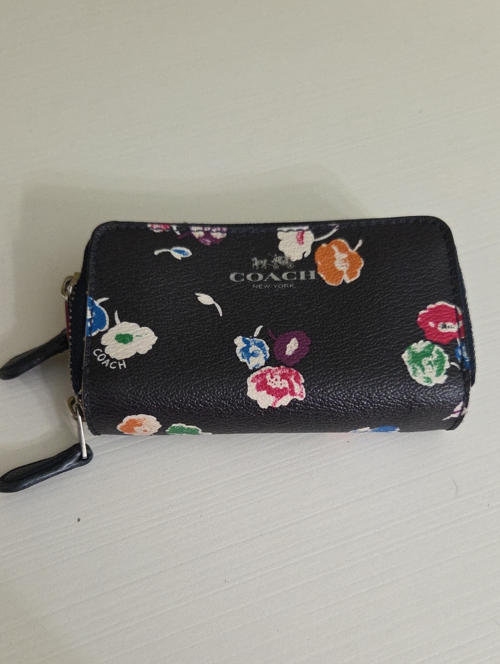 Coach Black Floral Zip Card Case Wallet